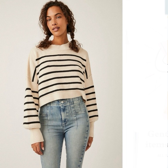 Free People Easy Street Striped Cream and Black Pullover Sweater - Picture 1 of 4